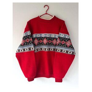 90s vintage red nordic aztec print unisex mens cozy fleece knit pullover sweater